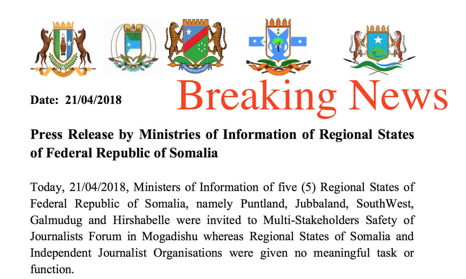 Press Release by Ministries of Information of Regional States of Federal Republic of Somalia