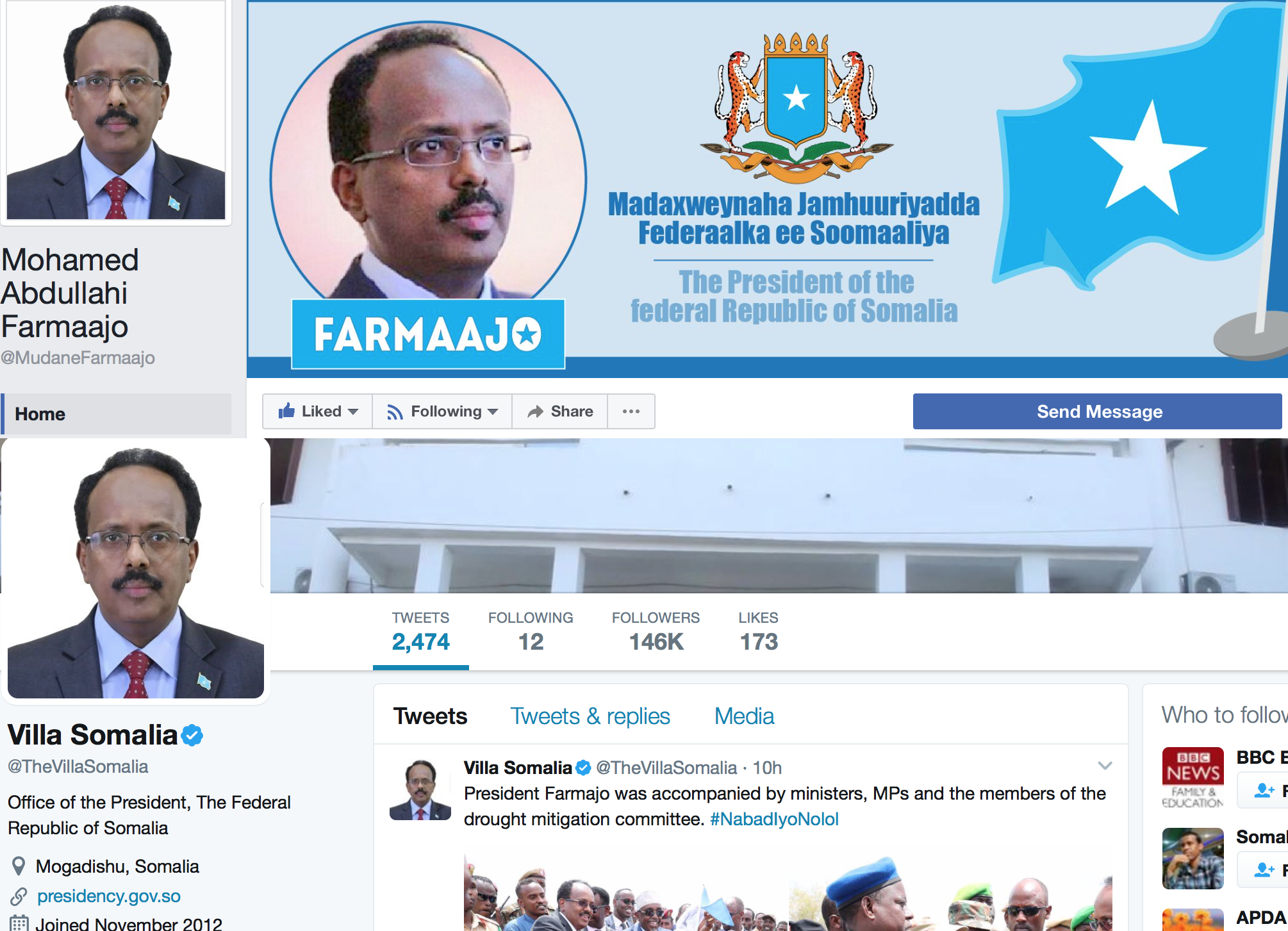 President of twitter and facebook not of Somalia.